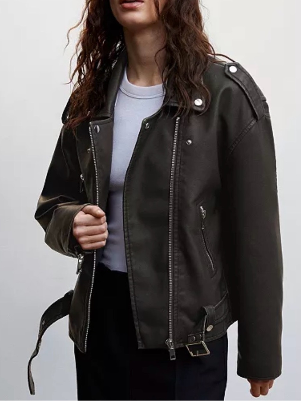 Mango Oversized Distressed-Effect Biker Jacket